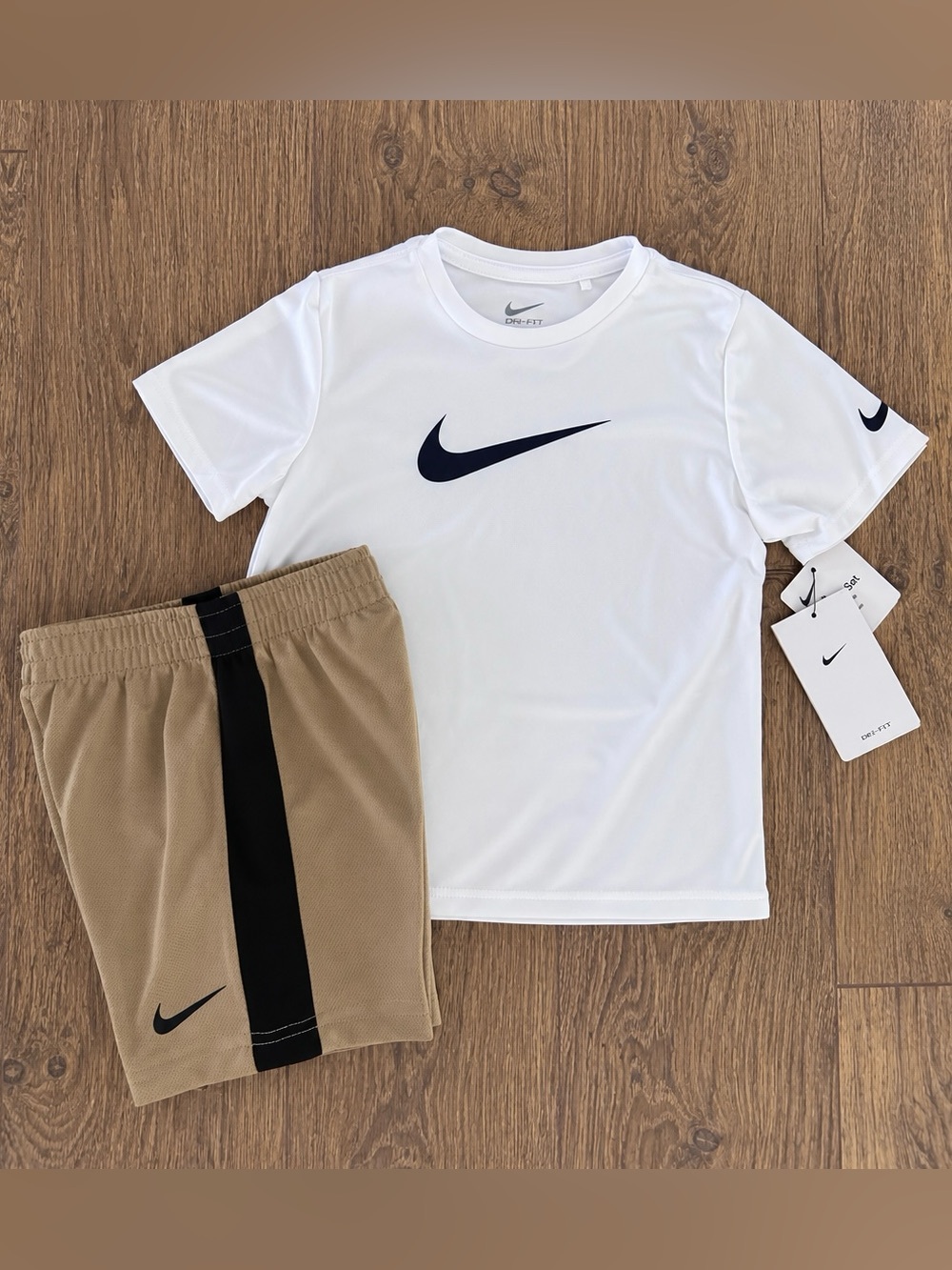 Nike Dri-Fit 2pc Set Swoosh Tee & Tan/Black Shorts Boys Size 4T